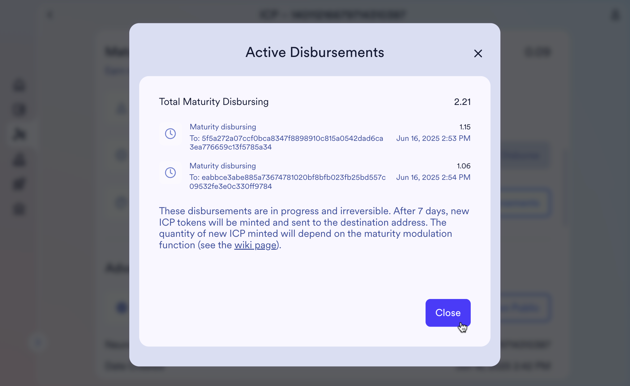 "Active Disbursements" modal